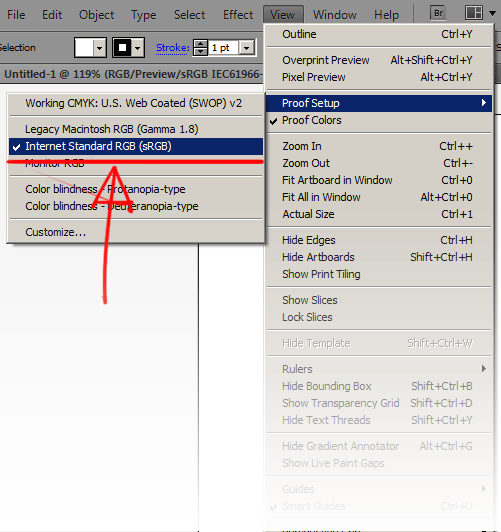 Colour space options in Illustrator, are found under View > Proof Setup