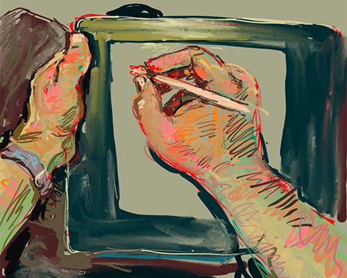 hands, holding and drawing on an ipad