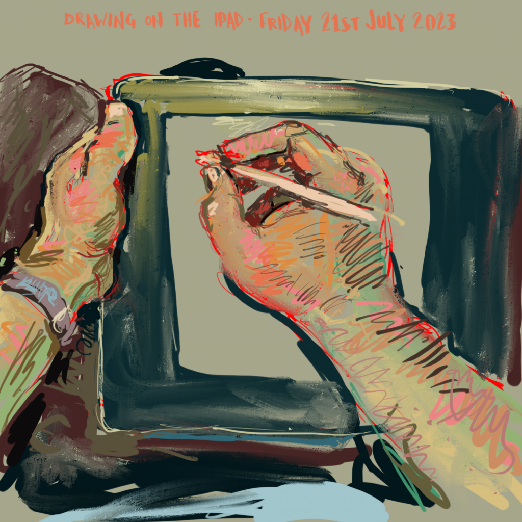 hands, holding an drawing on an ipad