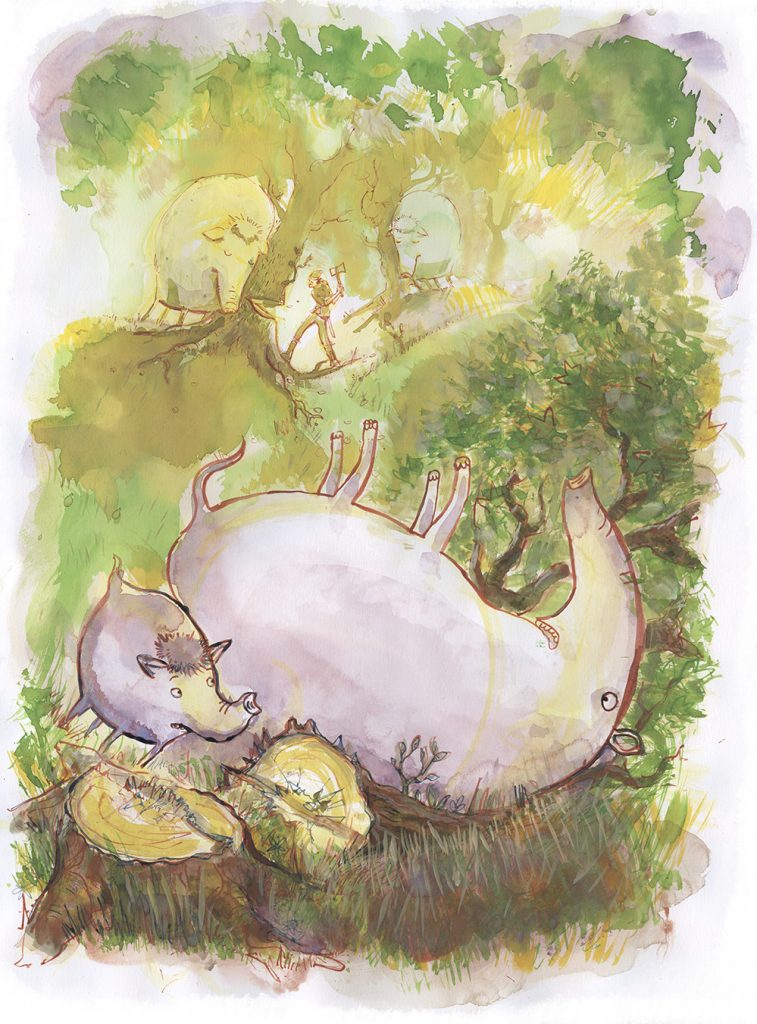 A pale, pig-like creature with a horned snout asleep on the forest floor among broken eggshells, under green trees