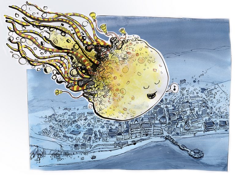 A huge smiling yellow jellyfish-like creature with tangled striped tentacles floating above a coastal town