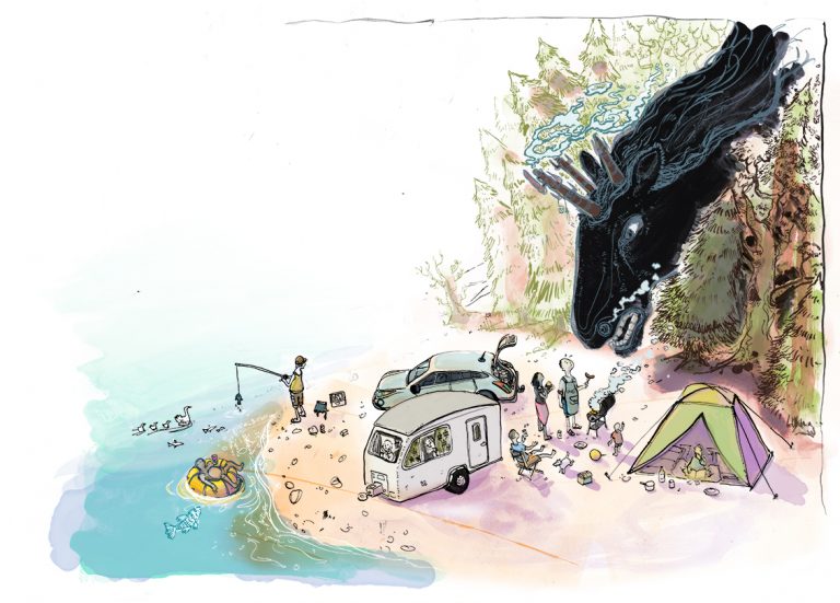 A huge black, smoky dragon-like beast looming out of the trees over a beach campsite with a caravan, a car, a tent and campers