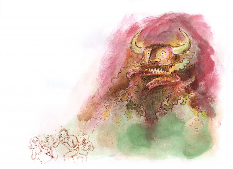 A horned, bearded giant’s face emerging from a red cloud above a small group of sketched figures