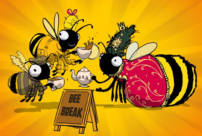 Cartoon bees sharing tea and cake on their “Bee Break”
