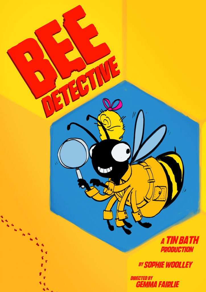 Bee Detective poster: a cartoon bee in a detective’s coat holding a magnifying glass inside a blue honeycomb hexagon