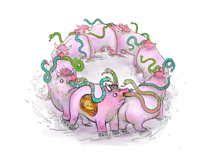 A ring of pink, pig-like creatures with green snakes winding around them