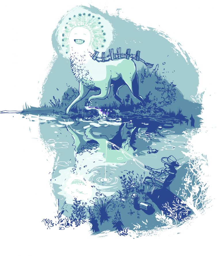 Blue-toned print of a glowing, sun-faced creature crossing a moonlit landscape, reflected in a pond below