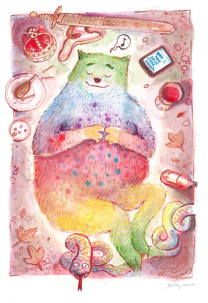 A rainbow-furred creature lying contentedly on its back on a rug, surrounded by a crown, a sword, a phone, wine and a snake
