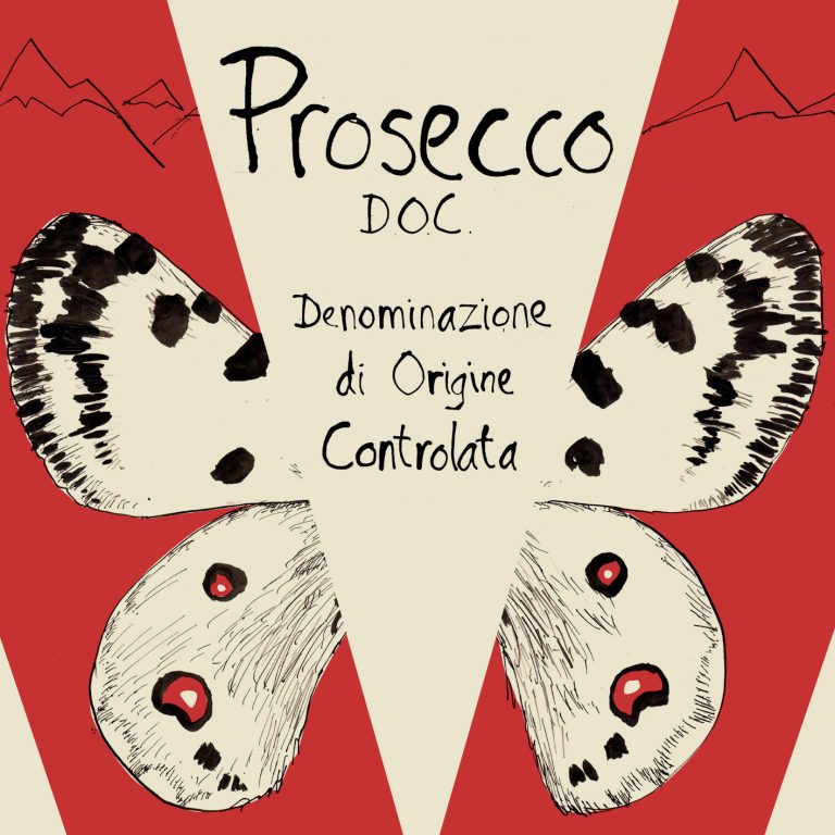 Wine label for Prosecco DOC: a black and white Apollo butterfly over a red “V” motif with mountain outlines