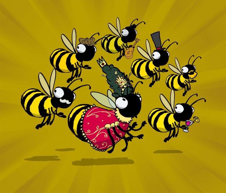 The queen bee, in a jewelled red dress, surrounded by admiring drone bees in hats and moustaches