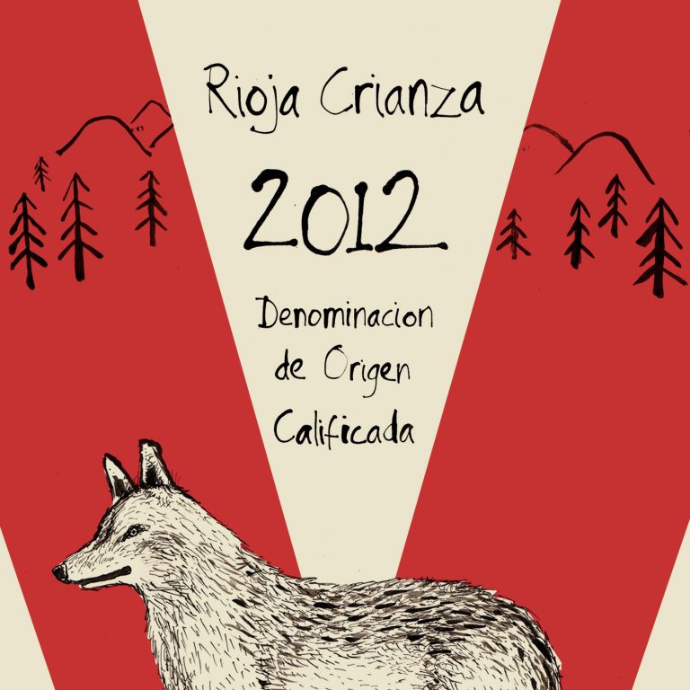 Wine label for Rioja Crianza 2012: a pen-and-ink wolf beneath pine trees within the red “V” motif
