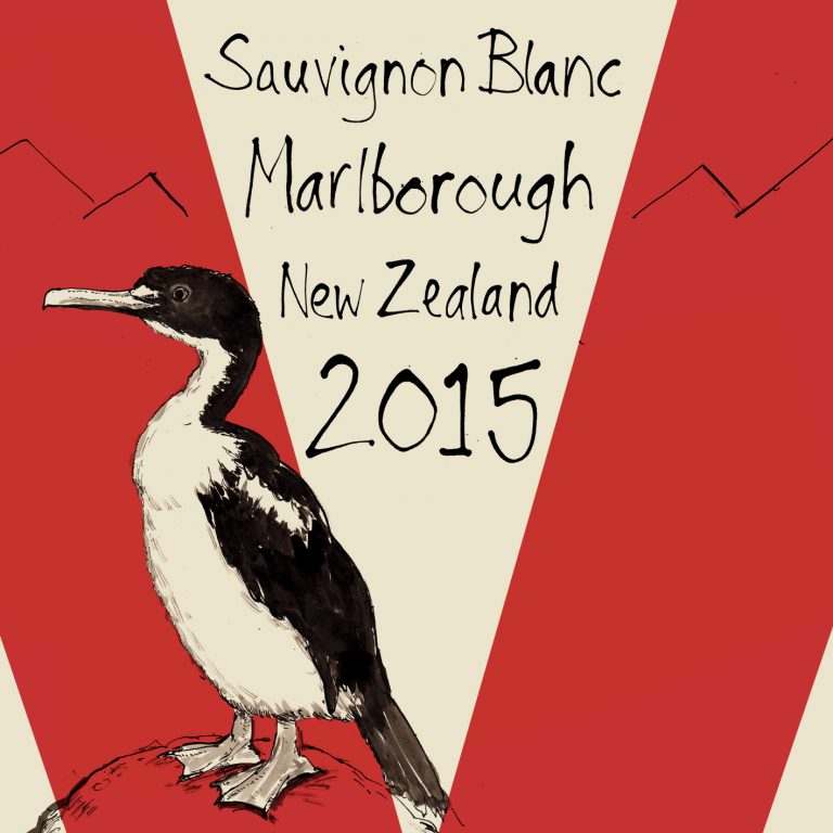 Wine label for Sauvignon Blanc, Marlborough, New Zealand 2015: a pen-and-ink cormorant within the red “V” motif