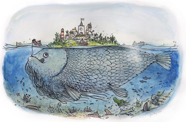 Watercolour of a giant scaly fish swimming just below the surface, carrying a small island town with a clock tower and lighthouse on its back