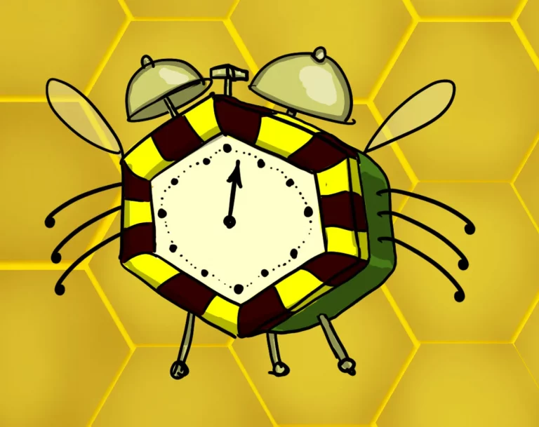 A hexagonal alarm clock with insect legs and wings, set against honeycomb