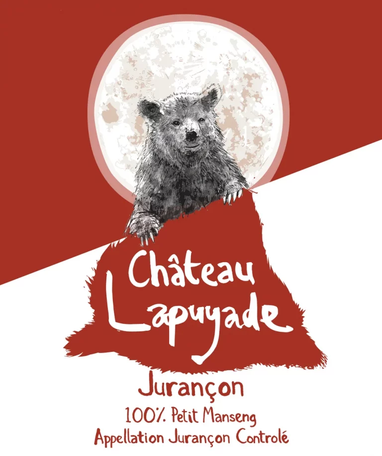 Château Lapuyade Jurançon label: a pen-and-ink bear in front of a full moon, on red