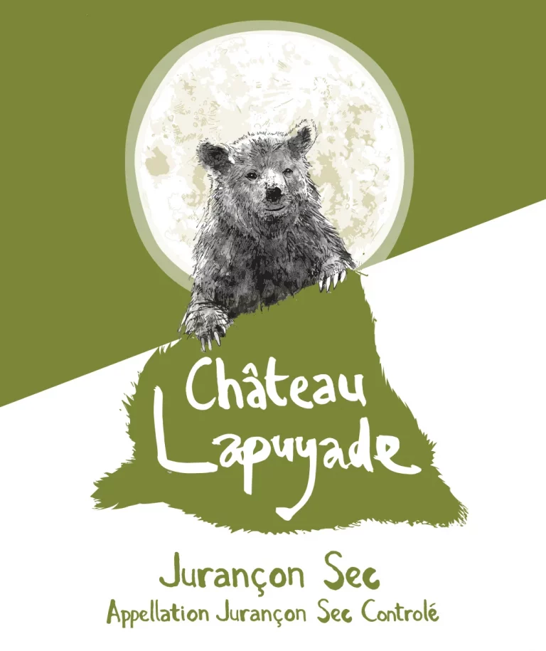 Château Lapuyade Jurançon Sec label: the bear and full moon design on olive green