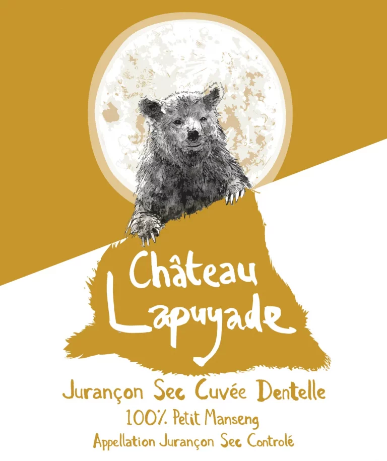 Château Lapuyade Jurançon Sec Cuvée Dentelle label: the bear and full moon design on ochre