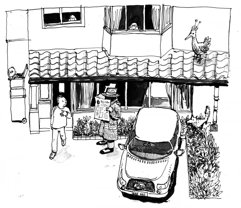 Pen-and-ink drawing: a man setting off for work from a suburban house, past a neighbour reading the paper and a parked car