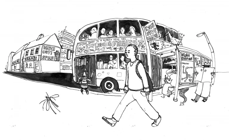The commuter walking past a crowded double-decker bus full of passengers
