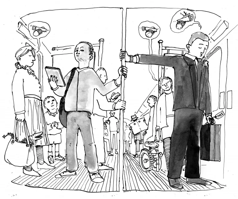 Packed rush-hour train carriage, with passengers dreaming of holidays in thought bubbles