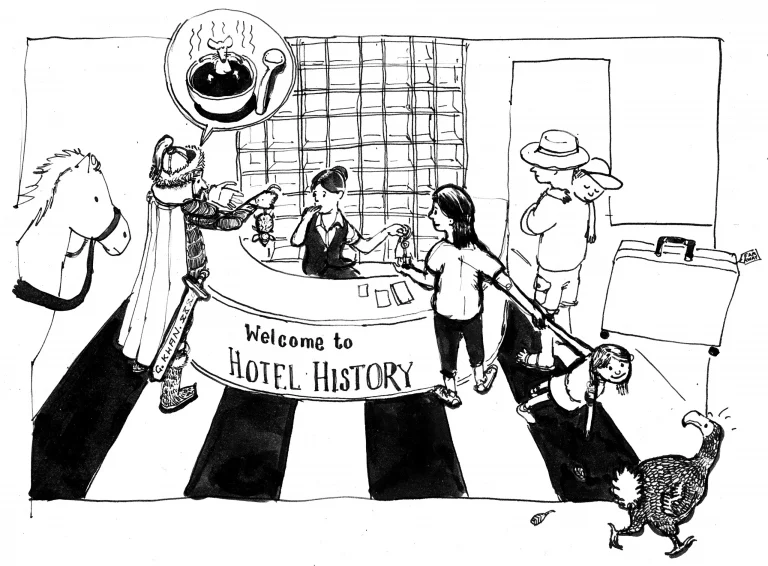 A Viking and a rocking horse at the “Welcome to Hotel History” reception desk