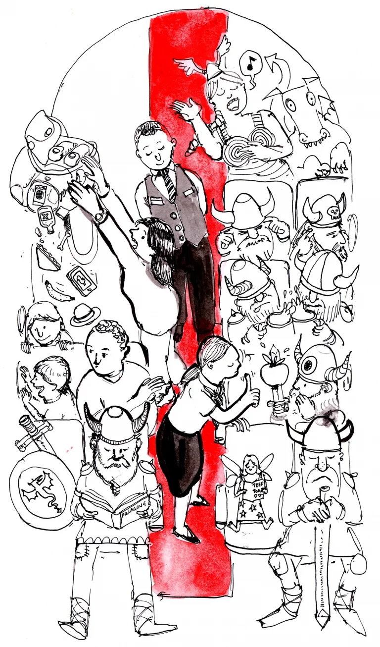 Tall drawing of a man tumbling down a red stripe through a crowd of Vikings, robots and holidaymakers