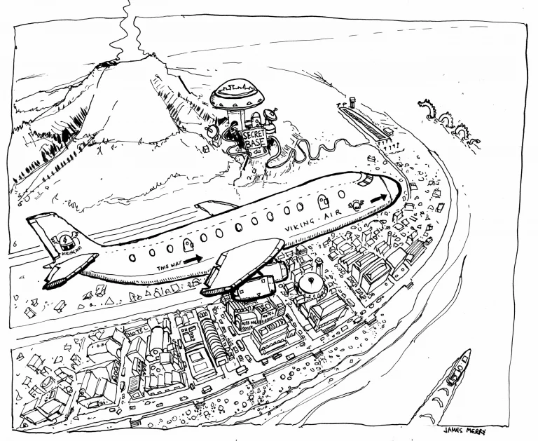 A Viking Air plane flying over a coastal town and a volcano, with a secret spy base hidden in the hills