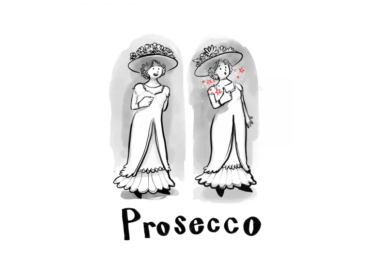 Two Edwardian women in flowered hats showing the sign for “Prosecco”, with red sparkles
